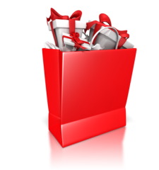 A red gift bag filled with gifts.