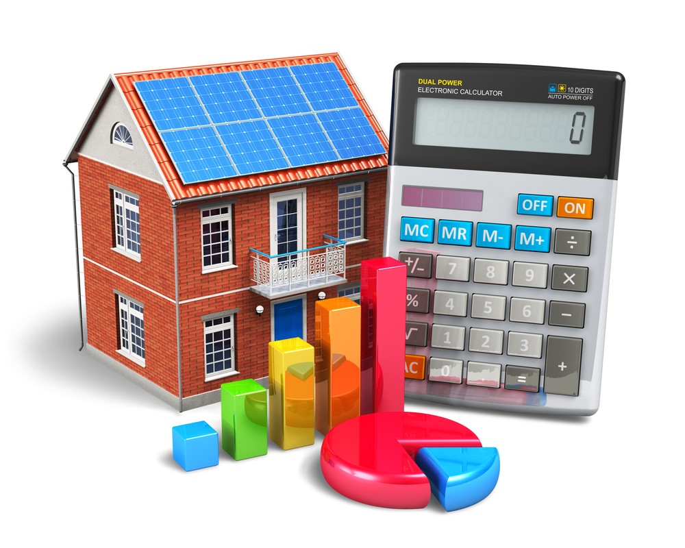 A house with solar panels and a calculator.
