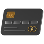 A black credit card with a gold chip and two interlocking gold rings on the right side.