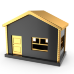 A small, black and gold model house with a single door, a window, and a slanted roof.