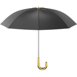 A black umbrella with a gold handle, opened and viewed from the front against a white background.