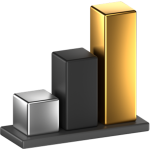 Three vertical bars in silver, black, and gold arranged in ascending height on a rectangular base, resembling a bar chart.