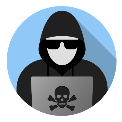 A man in a hoodie with a skull and crossbones on his laptop.
