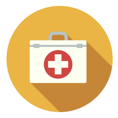 A first aid kit icon on a yellow background.