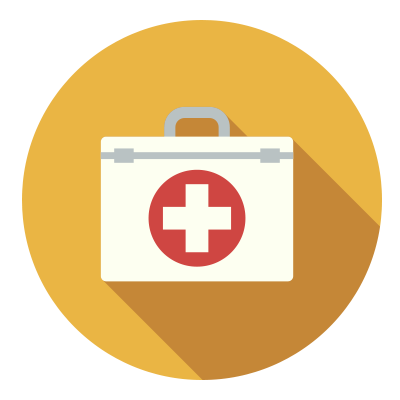 Be Safe, Be Well | OneUnited Bank A first aid kit icon on a yellow background.
