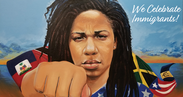 A painting of a woman with dreadlocks and an american flag.