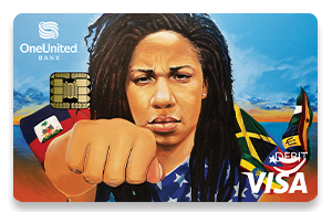 colorful credit card design with a woman fistbumping