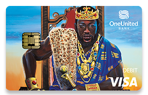 colorful credit card design with a king sitting on throne