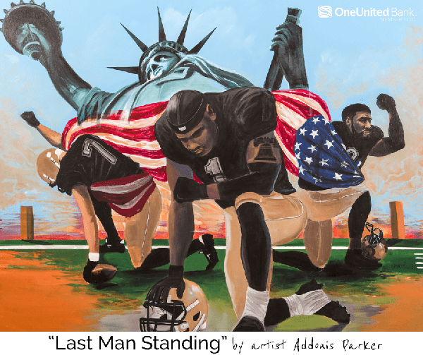 A painting of a football player kneeling in front of an american flag.