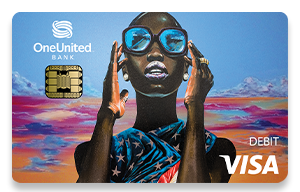 colorful credit card design with a woman wearing sunglasses