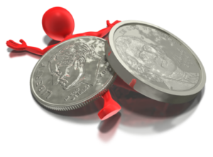A red man standing next to a silver coin.