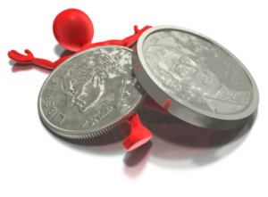 A red man standing next to a silver coin.