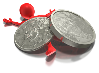 A red man standing next to a silver coin.