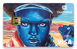 colorful credit card design with a woman with blue skin