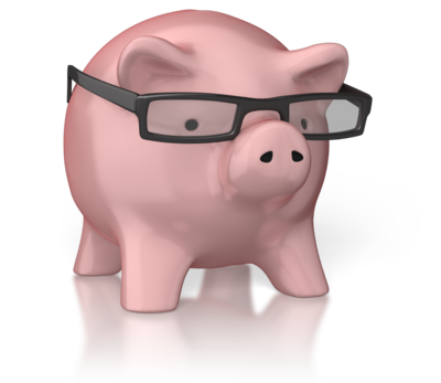 A pink piggy bank wearing glasses.