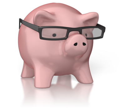 A pink piggy bank wearing glasses.