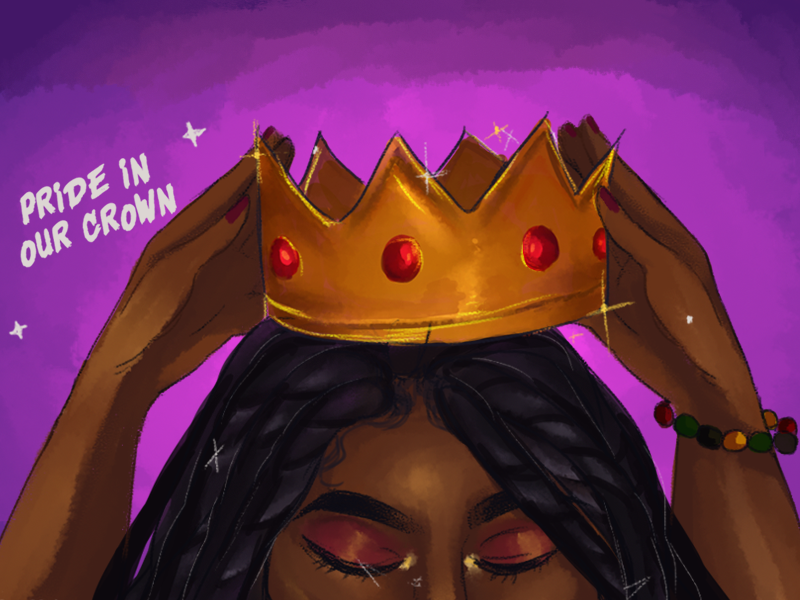 A black woman wearing a crown with the words pride in our crown.