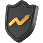 A black shield with a gold upward arrow symbol in the center, representing growth and security.