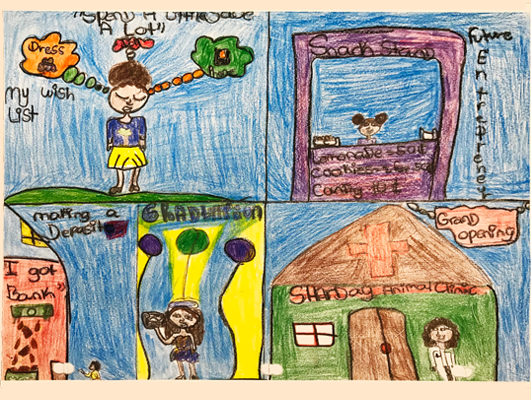 A child's drawing of a house and a child's drawing of a house and a child's drawing of .