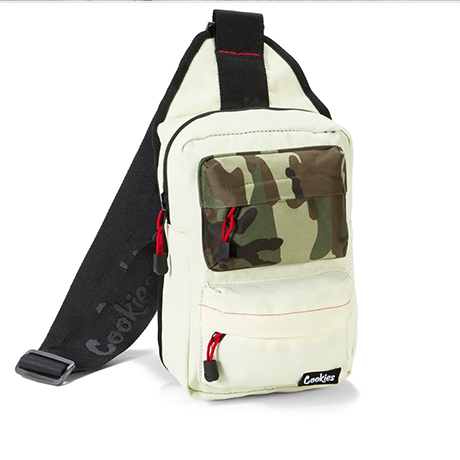 A white sling bag with a camouflage pattern.