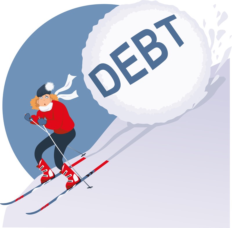 A man skiing down a snowy slope with the word debt.