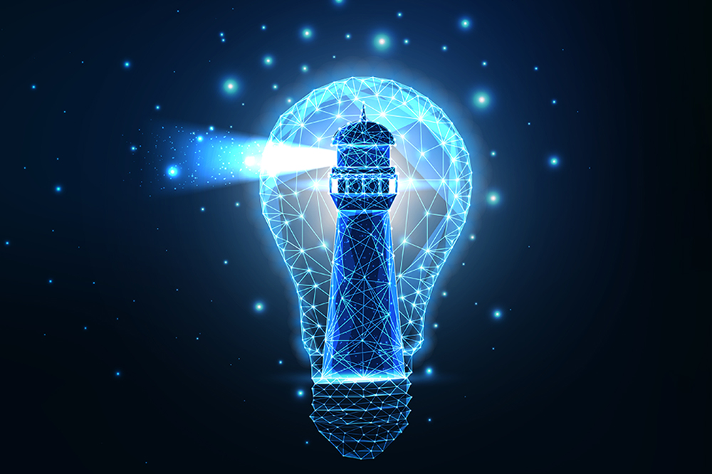 Lighthouse light bulb dot matrix on dark blue background image