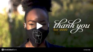 A woman wearing a face mask with the words thank you for 2020.