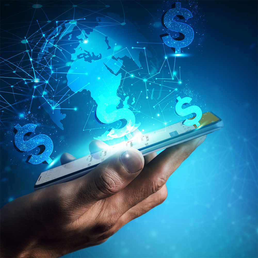 Banking app on mobile phone sending money around the world image