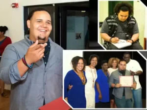 A collage of photos with a man smiling and holding a certificate.