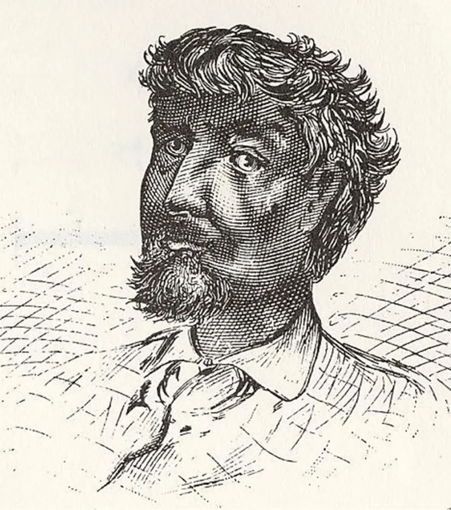 A black and white drawing of a man with a beard.