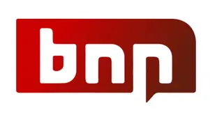A red and white logo with the word nnd.