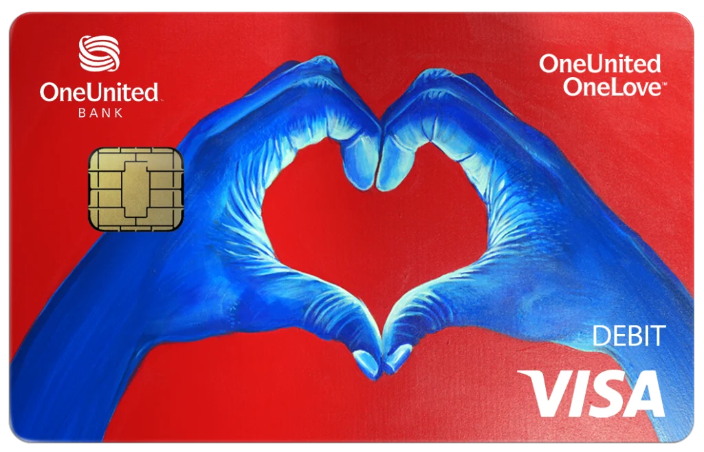 OneUnited Bank card with two hands making a heart shape.