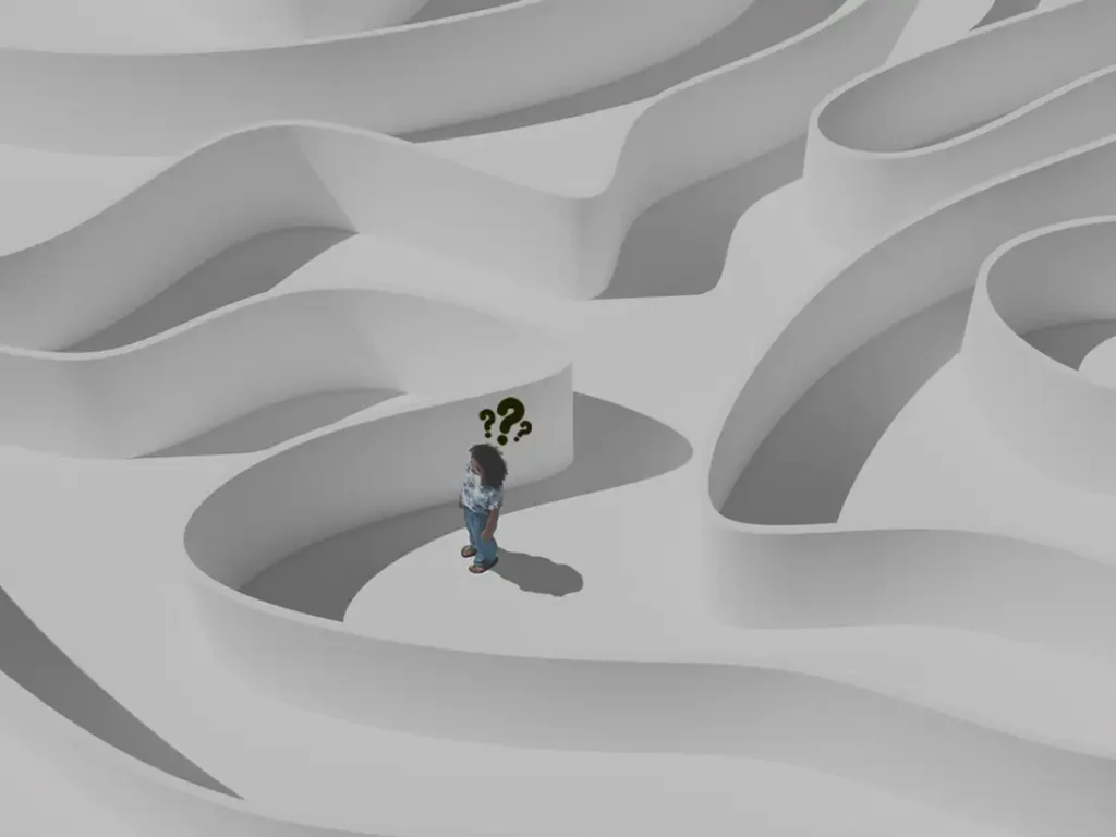 A person stands in the center of a 3d maze with two question marks above their head, indicating confusion or the need to make a decision.