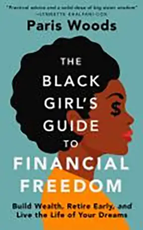 A book cover titled "the black girl's guide to financial freedom" featuring a profile of a woman with styled hair and a dollar sign earring.