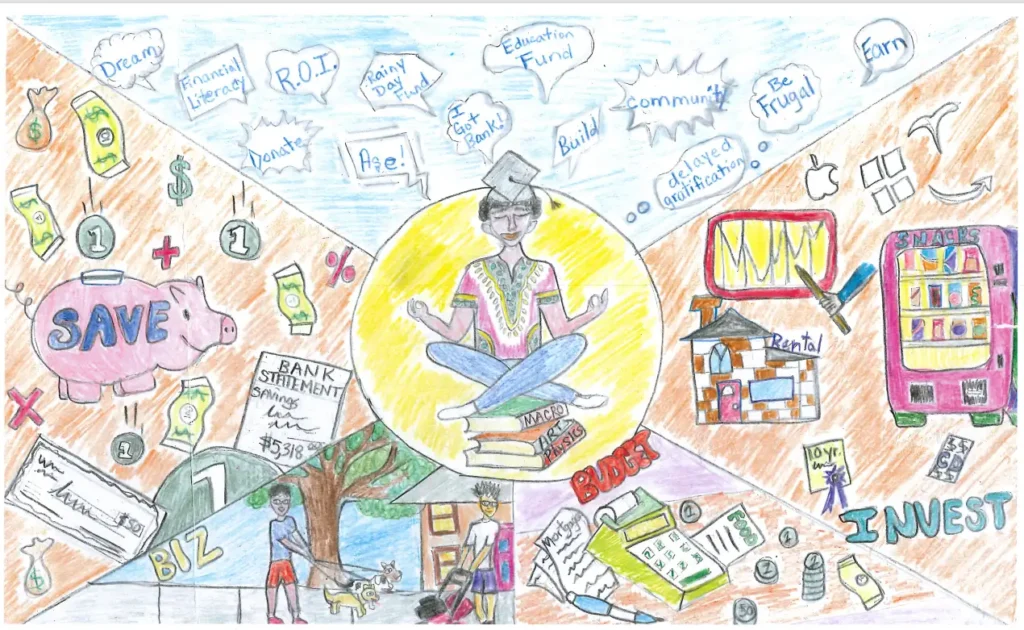 A hand-drawn collage illustrating various financial concepts such as saving, investing, retirement planning, and budgeting with a central figure meditating on a stack of books.
