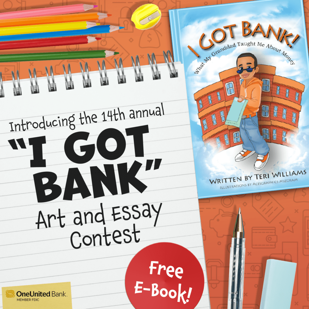 Promotional poster for the 14th annual "i got bank" art and essay contest featuring a free e-book offer.