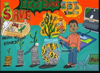 A colorful illustration depicting a young boy with a coin, standing next to a large money plant growing out of a savings jar, with various financial literacy and savings concepts featured around him.