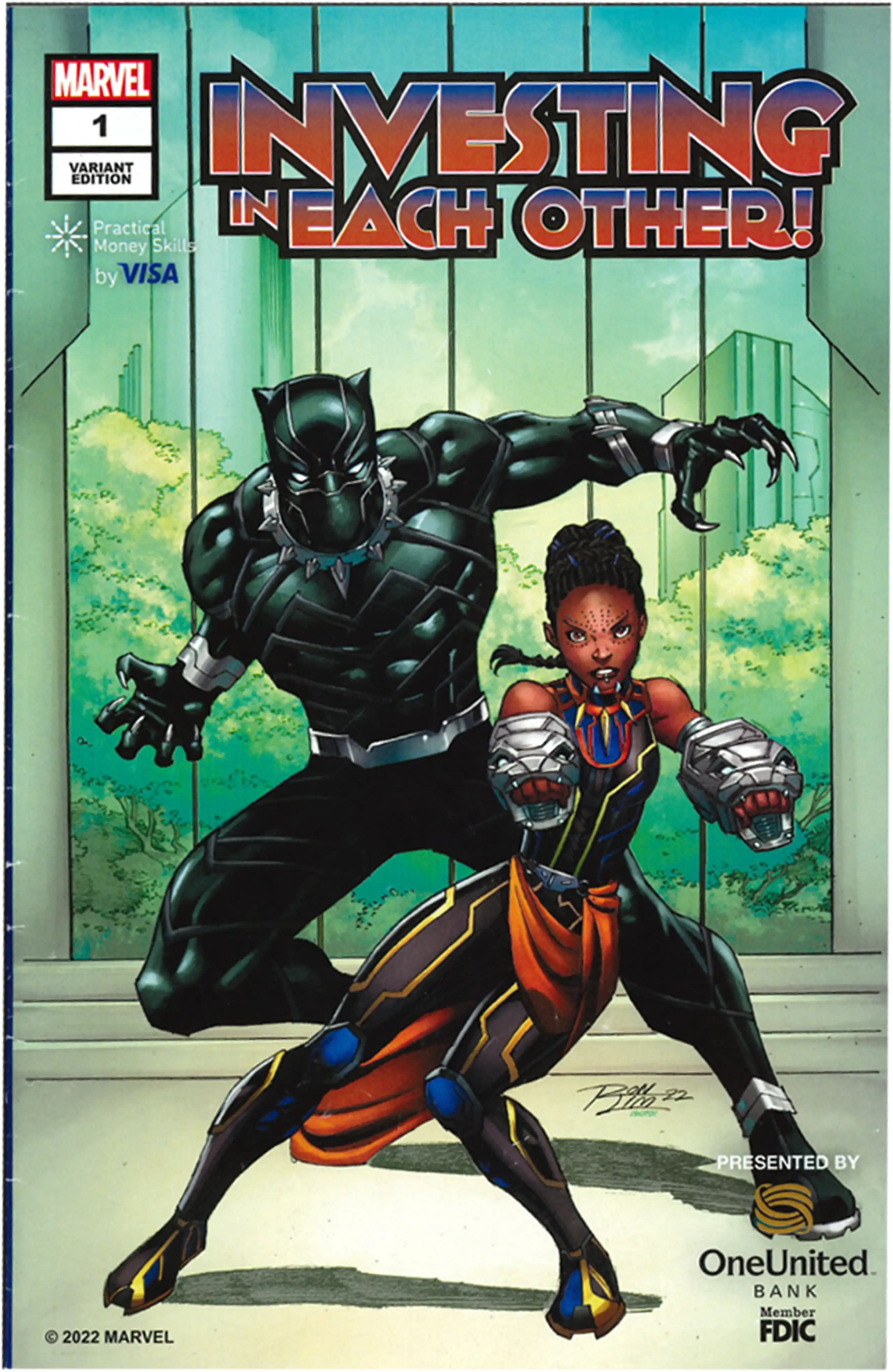 Black panther and shuri in dynamic superhero poses on a comic book cover titled "investing in each other," presented by oneunited bank.