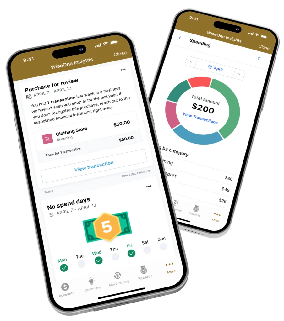 Two smartphones display a personal finance app tracking recent transactions, a spending summary with a $200 total, and a no spend streak badge—helping users build habits that support generational wealth.