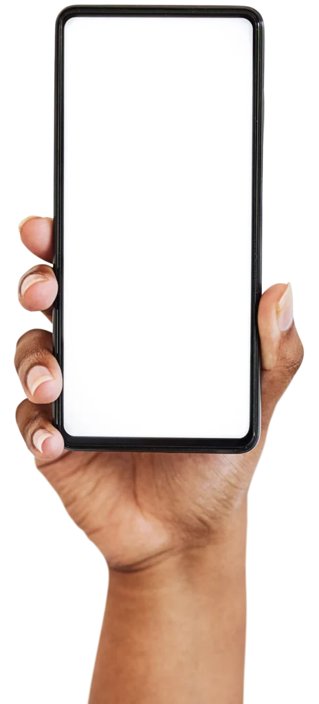 A hand holding a smartphone with a blank, white screen facing forward.