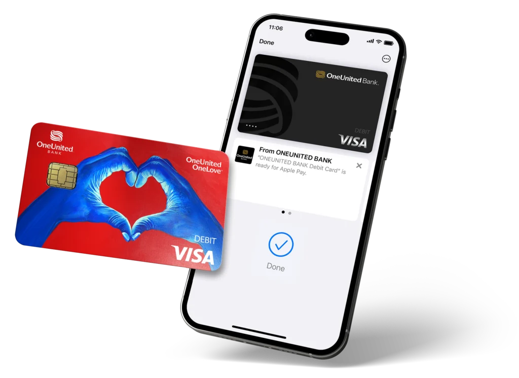 A OneUnited Bank debit card and a smartphone displaying the card loaded into a digital wallet app, indicating that the card is ready for use.