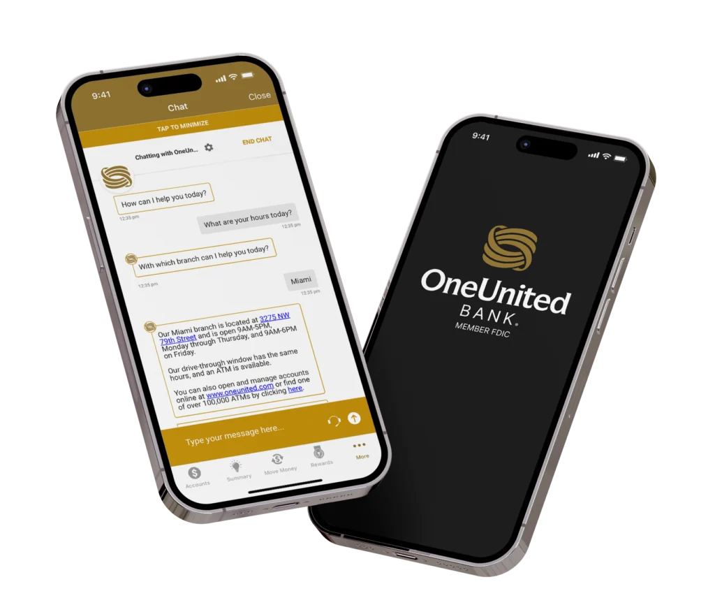 Two iPhones are displayed. The phone on the left shows the OneUnited Bank app with a chat interface. The chat displays a conversation about bank hours and locations, specifically mentioning the Miami branch at "3275 NW 79th Street" and its operating hours, as well as information about online banking and ATMs. The phone on the right displays the OneUnited Bank logo and "MEMBER FDIC" on a dark background.