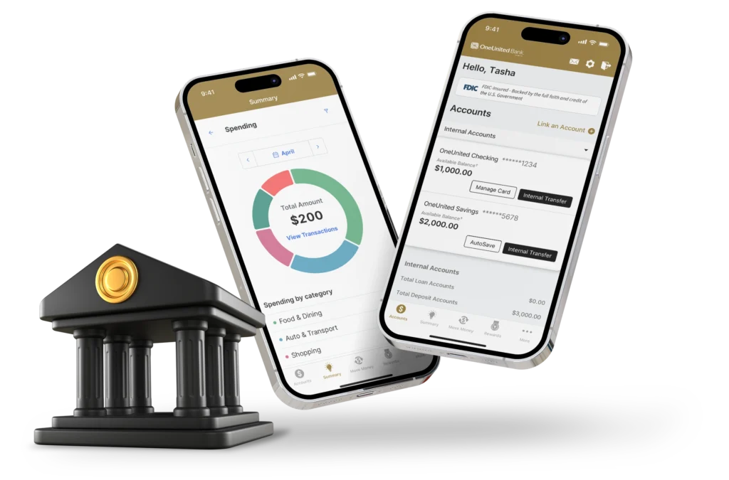 Two smartphones display a banking app interface with account balances and spending summary, next to a small black and gold bank building model.