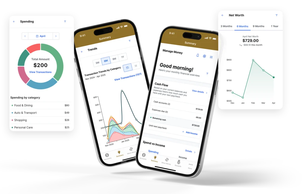 A selection of mobile app screens displays financial data, including spending by category, trends, account summary, and net worth over several months.