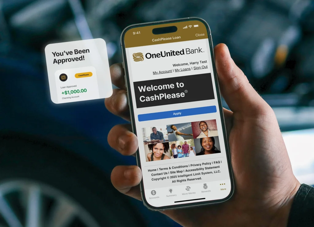 A person holds a smartphone displaying a loan approval message and the OneUnited Bank website with a "Welcome to CashPlease®" banner and an "Apply" button visible.