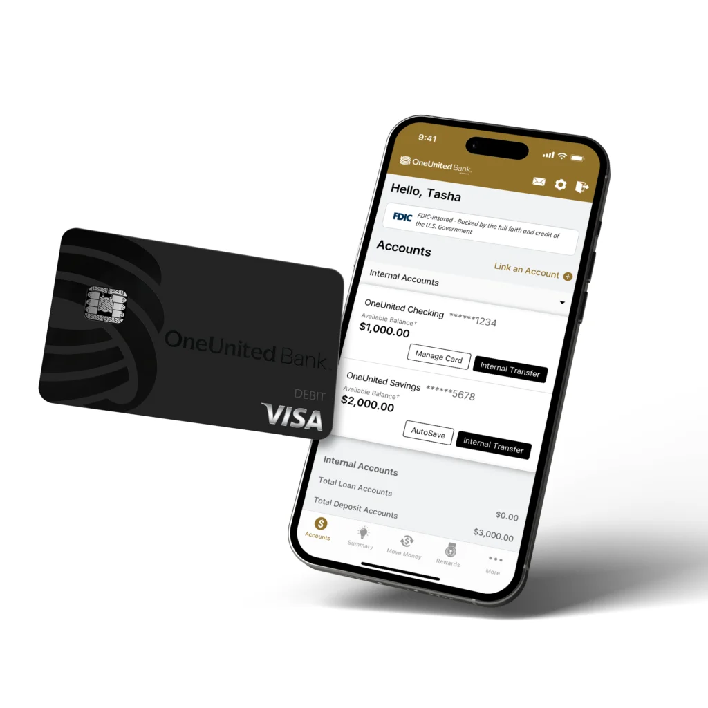 A black OneUnited Bank Visa debit card is shown next to a smartphone displaying a digital banking app with account balances and transfer options.