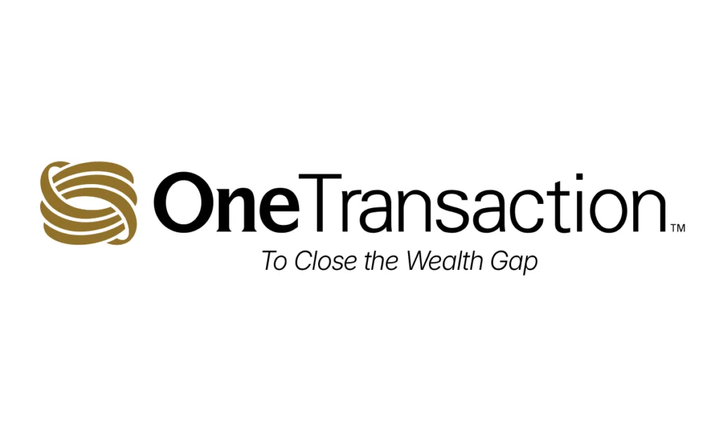 Logo for "OneTransaction" with a gold interwoven circular design and the tagline "To Close the Wealth Gap" below the main text.