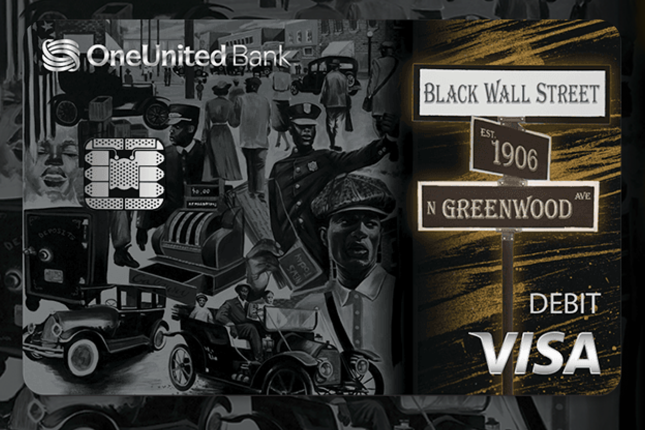 Black debit card featuring historic Black Wall Street street signs and vintage Black community scenes, with OneUnited Bank and Visa logos visible.