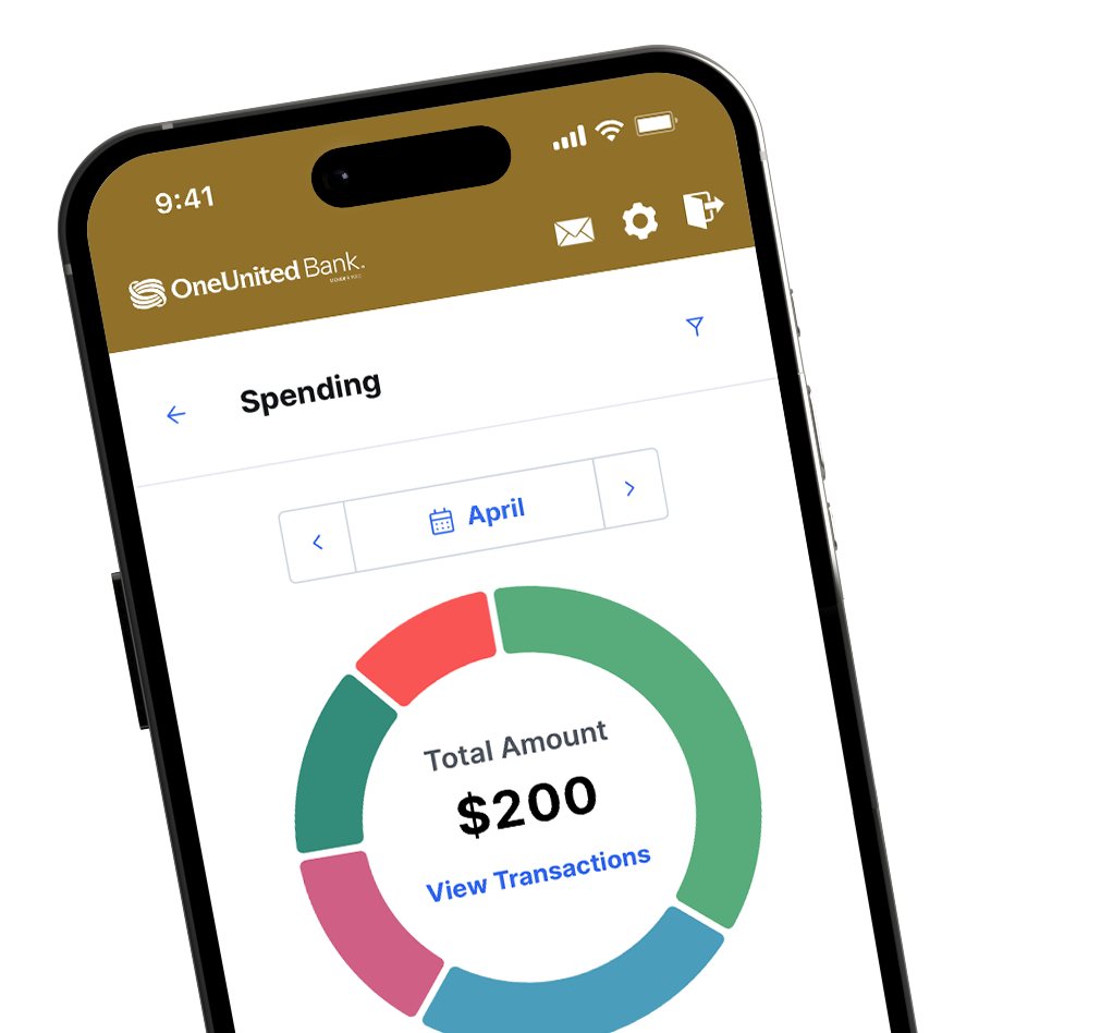 A smartphone screen displays the OneUnited Bank app with a spending summary for April, showing a $200 total amount in a circular chart.