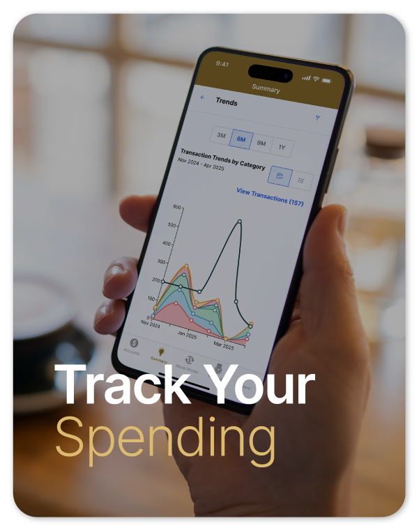 A hand holds a smartphone displaying a financial app with a line graph of transaction trends, overlaid with the text "Track Your Spending.